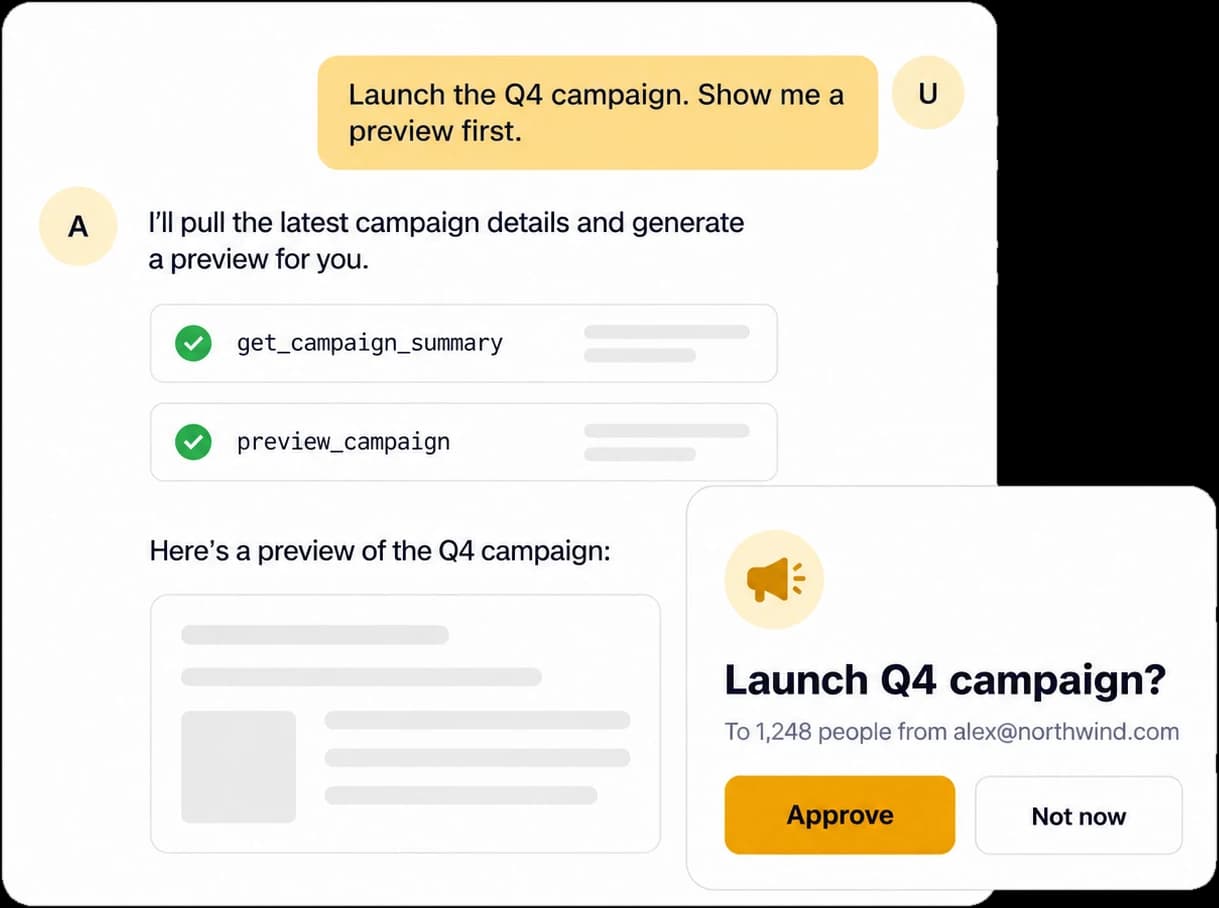 An AI assistant asked to launch a campaign, showing a preview and waiting for approval